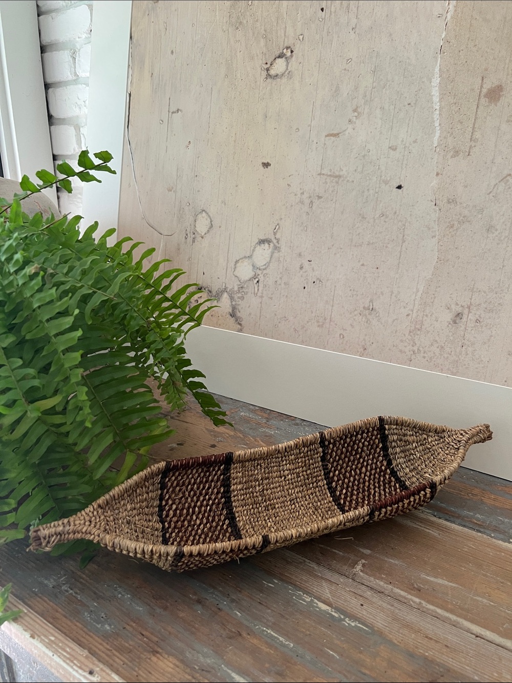 Vintage Ethiopian African Hand-Woven Striped Gambela Canoe Bread Basket